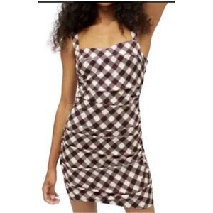 Urban‎ Outfitters L Claire Ruched Bodycon Minidress Modern Brown Ivory Plaid 13